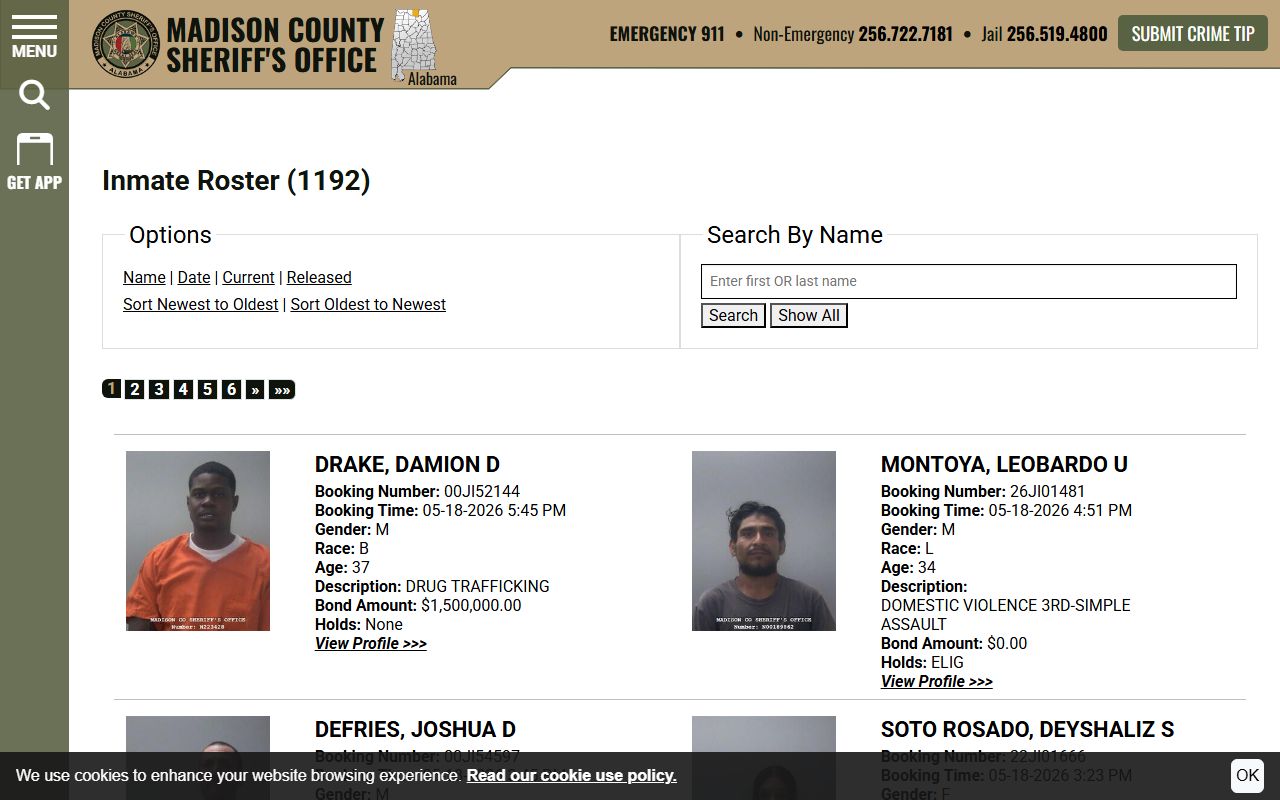 Madison County inmate roster search page