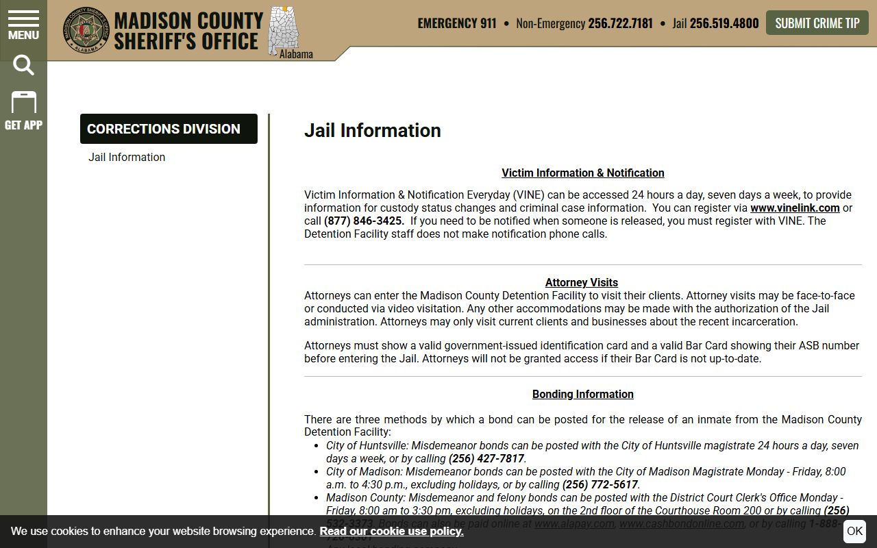 Madison County jail information page with bond, mail, and visitation rules