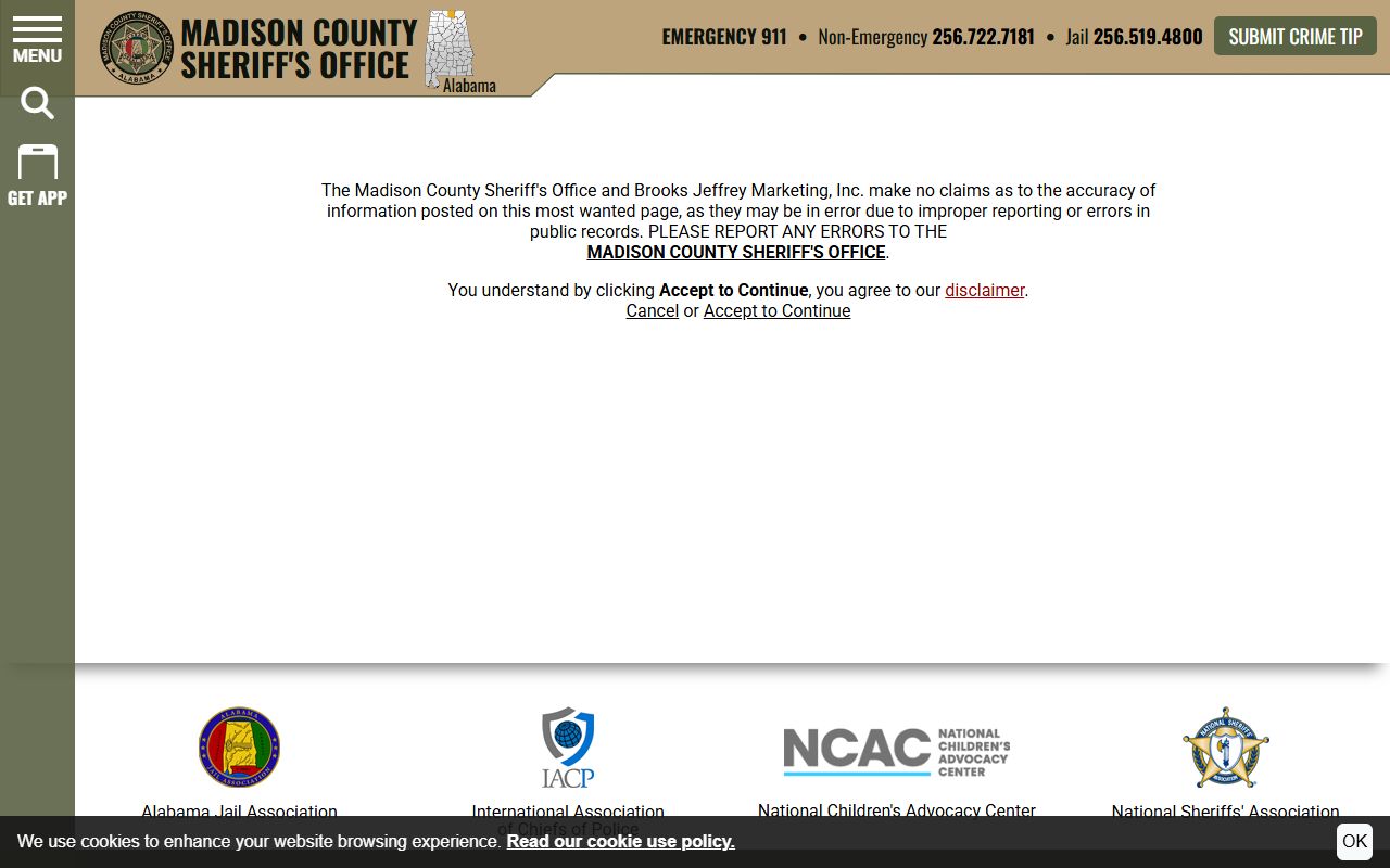Madison County Sheriff Most Wanted gateway and warrant disclaimer