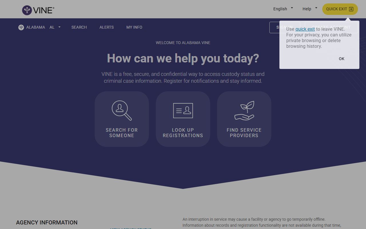 VINELink Alabama custody notification page for Madison County